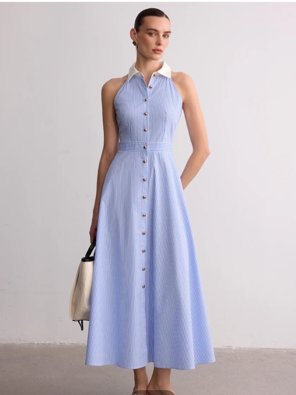 Collared Striped Sleeveless Buttoned Maxi Dress